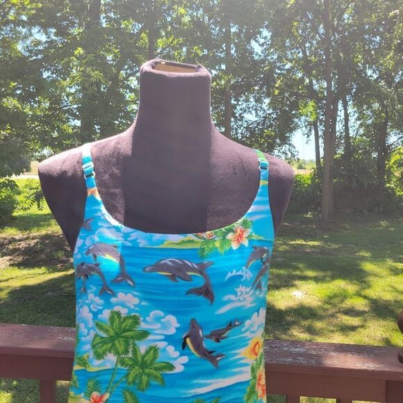 ALOHA Women's Blue Hawaiian Print Sleeveless Summer Mini Dress Size Medium - Picture 2 of 12
